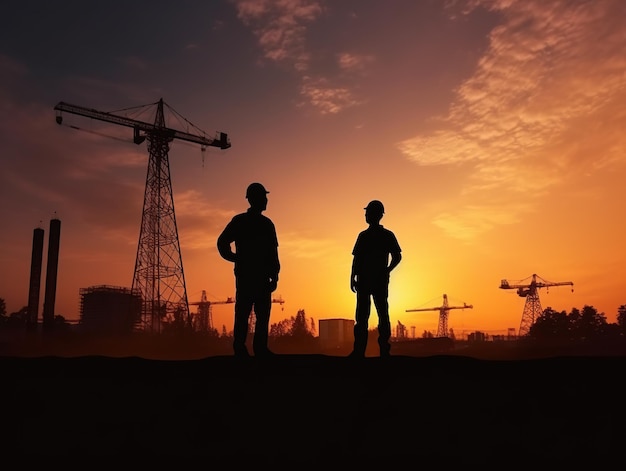 Silhouette of asian engineer and worker inspecting project at construction site background at sunset in evening