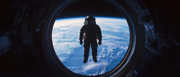 Photo silhouette of an astronaut floating outside a spacecraft window over earth