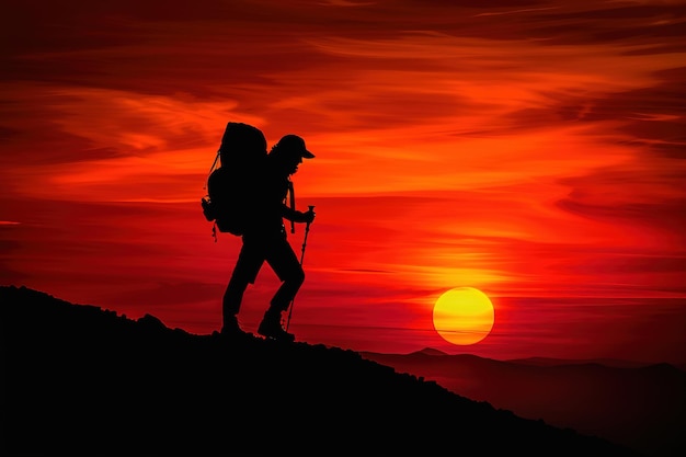 Photo silhouette of a backpacker hiking during sunset