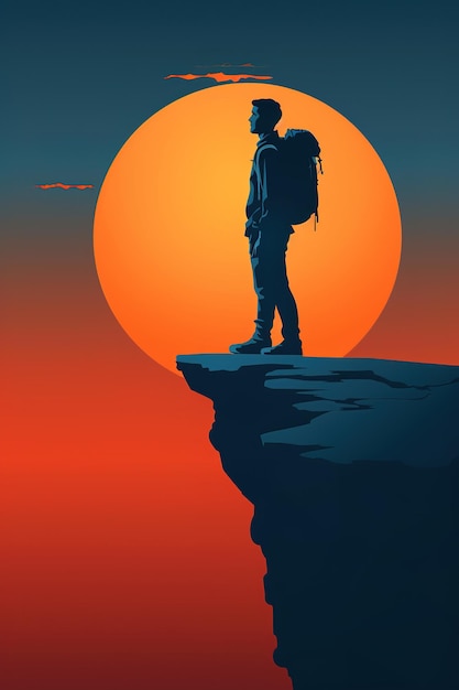 Silhouette of a Backpacker Standing on a Cliff Edge at Sunset