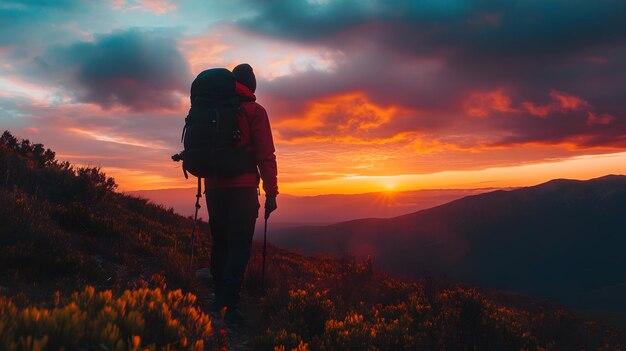 Photo silhouette of a backpacker at sunset in mountainous landscape