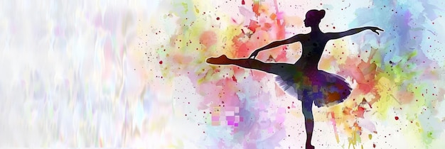 A silhouette of a ballerina in a graceful pose set against a vibrant watercolor background Th