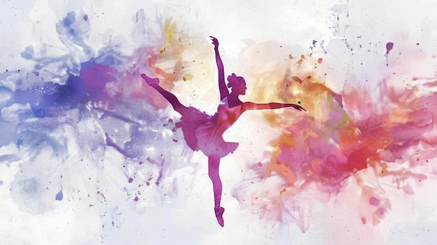 A silhouette of a ballerina in midair gracefully dancing against a backdrop of colorful water