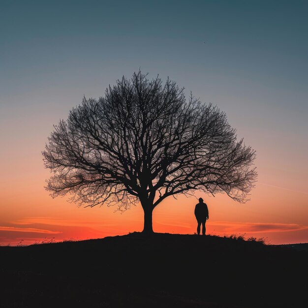 Silhouette of a Bare Tree and a Man on a Hill During Sunset