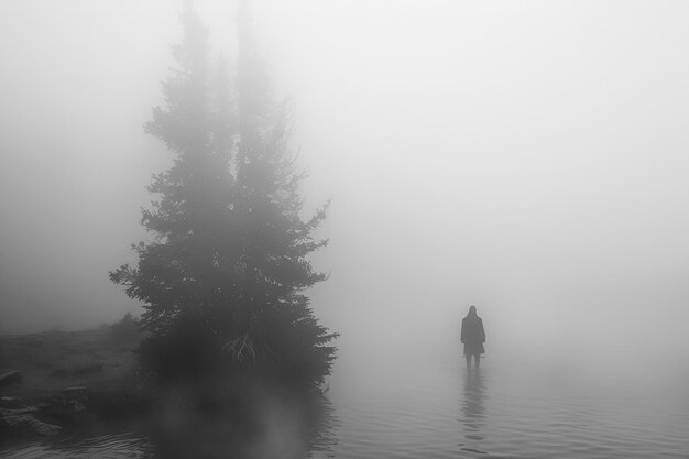 Photo silhouette barely visible through dense fog