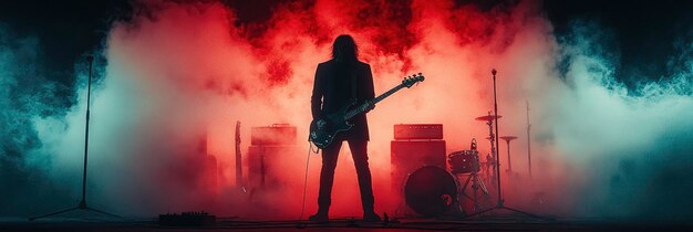 Silhouette of a Bassist on Stage in Red and Blue Smoke