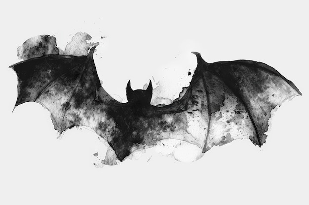 Photo a silhouette of bat watercolor ink black and white halloween decoration element on white background