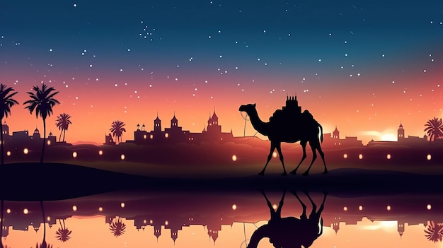 silhouette of beautiful mosque and camel on desert at beautiful night eid al adha background