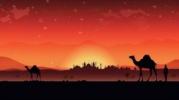 silhouette of beautiful mosque and camel on desert at beautiful night eid al adha background