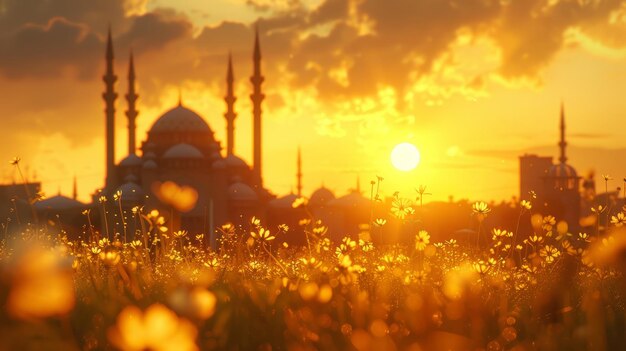 Photo silhouette of a beautiful religious mosque at sunrise