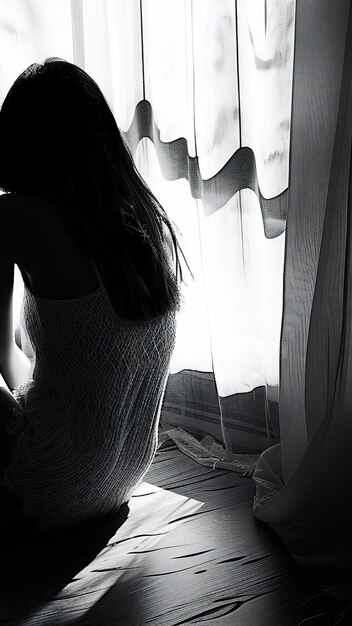 Silhouette of a beautiful woman sitting by the window at home