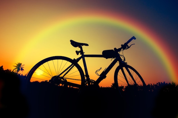 silhouette bicycle on sunset and rainbow