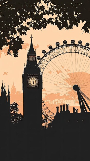 A silhouette of Big Ben and the London Eye at sunset framed by tree branches with a dreamy romantic atmosphere