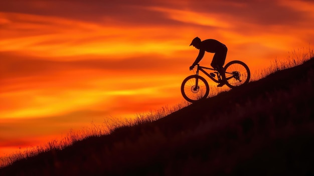 Silhouette of bike rider on the hill at sunset