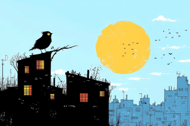 Silhouette of a Bird on a Building Rooftop with a Large Yellow Sun in the Sky