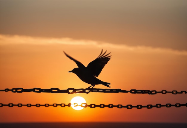 Photo silhouette of bird flying thorough broken chains at sunset sky background