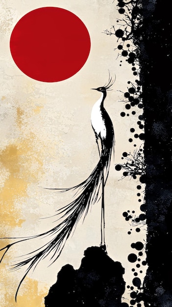 Silhouette of a bird with long tail feathers against a red sun and a black and white background