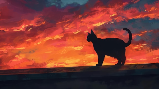 Photo silhouette of a black cat against a dramatic sunset sky