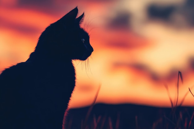 Silhouette of a Black Cat Against a Sunset Sky