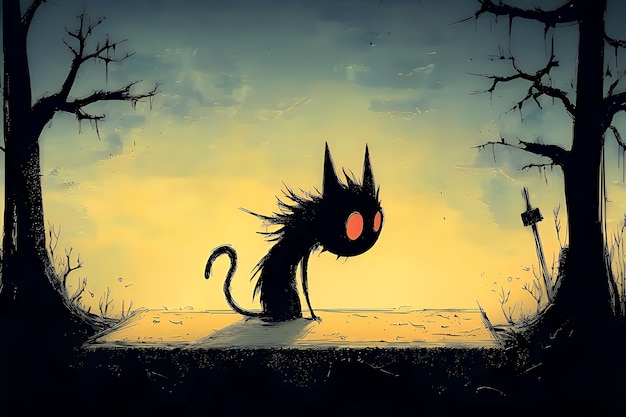 Silhouette of a Black Cat with Red Eyes in a Surreal Landscape