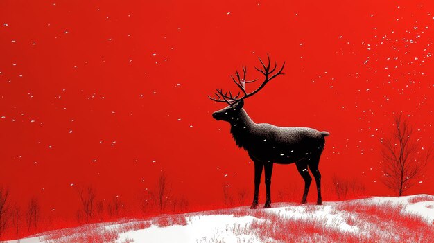 Photo silhouette of black reindeer against red snowy background