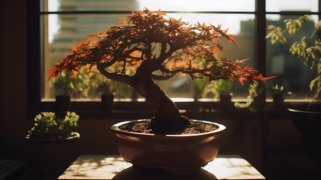 Silhouette of bonsai in a pot indoor display at the table near the window