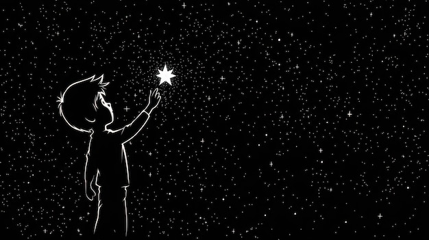 Photo silhouette of boy reaching for a shining star in night sky