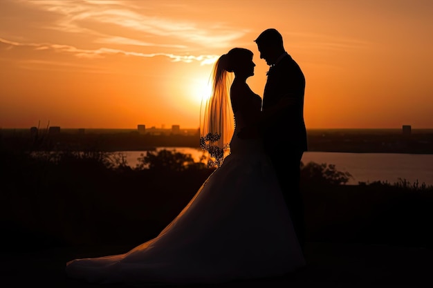 Silhouette of a bride and groom on a background of the setting sun New wedding couple silhouette with a shiny sunset AI Generated