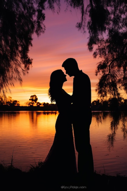 silhouette of bride and groom kissing by lake in the style of tokina atx 1116mm f28 pro dx ii