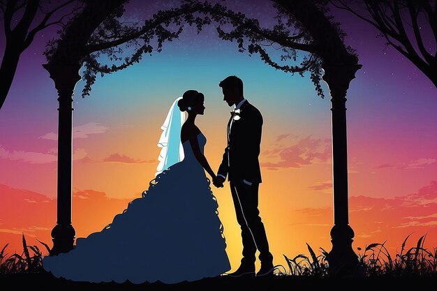 Silhouette of Bride and Groom on Wedding Day