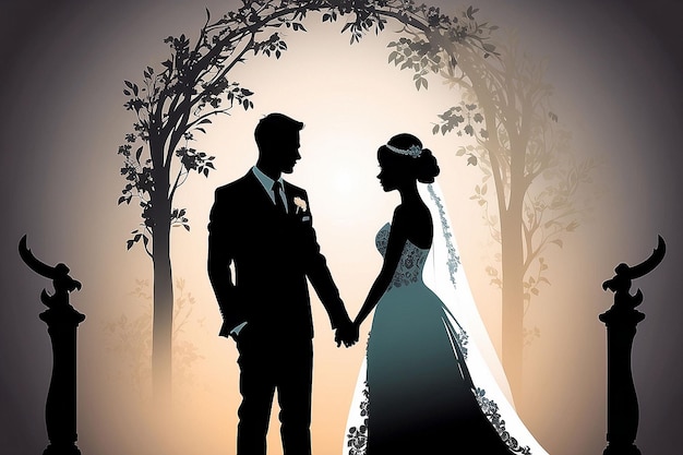 Silhouette of Bride and Groom on Wedding Day