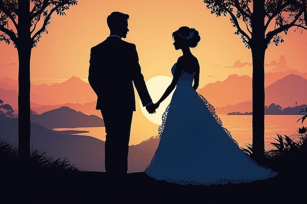 Silhouette of Bride and Groom on Wedding Day