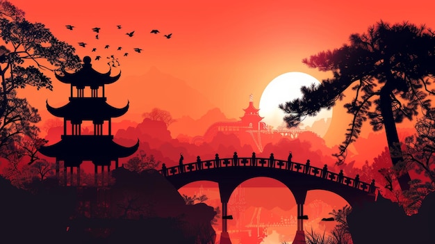 Silhouette of bridge and pavilion landscape Chinese New Year