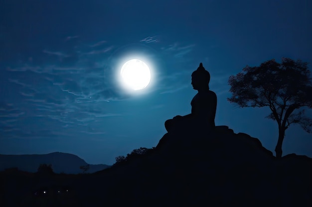 Silhouette of buddha meditating under full moon generative AI