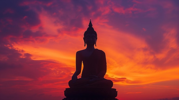 Silhouette of a Buddha statue against a vibrant sunset sky with dramatic clouds