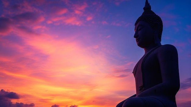 Silhouette of a Buddha statue against a vibrant sunset sky with dramatic clouds