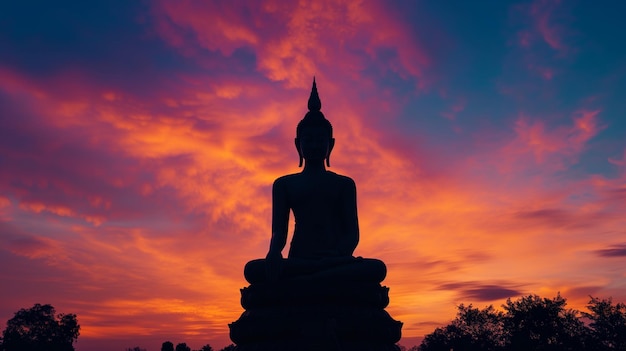 Silhouette of a Buddha statue against a vibrant sunset sky with dramatic clouds