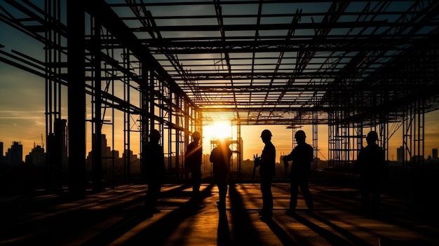 Silhouette of business people on construction site with cranes in backgroundgenerative ai