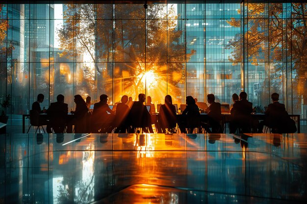 A silhouette of business people in a meeting room with sunlight streaming through the windows and b