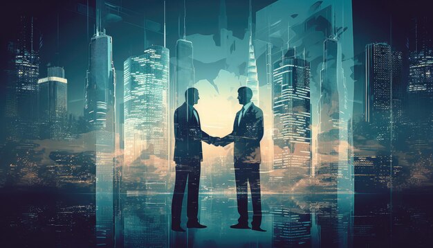 Silhouette business people shaking hands Double exposure Cityscape Illustration