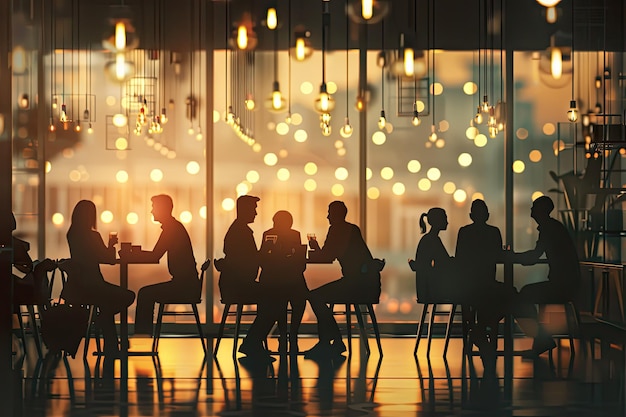 Silhouette of Business Team Working Together in a Coffee Shop