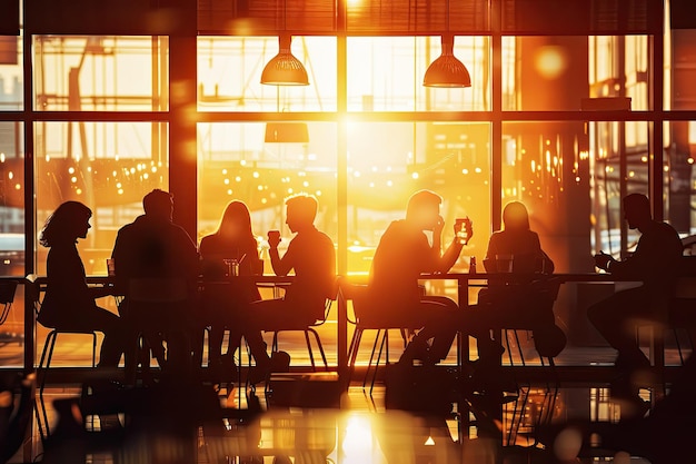 Silhouette of Business Team Working Together in a Coffee Shop