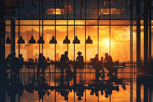 Silhouette of Business Team Working Together in a Coffee Shop