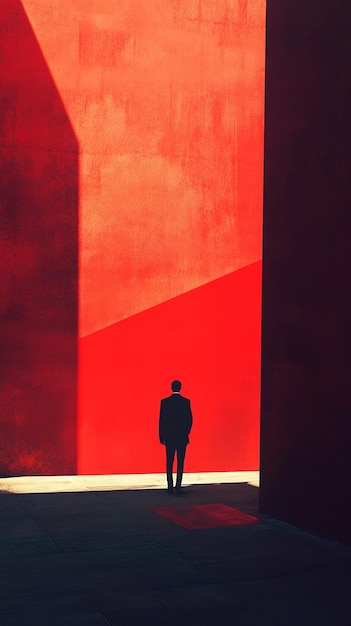 Silhouette of a Businessman in Abstract Red Architecture Modern Minimalism and Professionalism