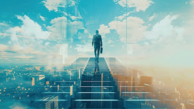 Silhouette of a Businessman Ascending a Stairway Towards the Sky