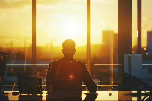 Photo silhouette of a businessman contemplating sunset through office window