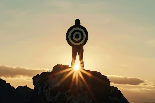 Photo silhouette of businessman holding target board on mountain