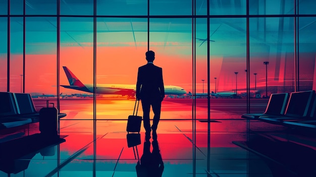 Silhouette of a businessman in a modern airport terminal at sunset contemplating his next journey