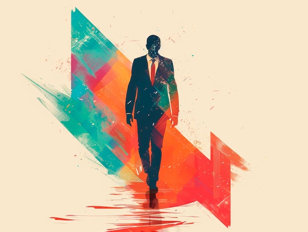 Silhouette of a businessman overlaid with abstract colorful shapes on a cream background concept of growth and ideas Generative AI