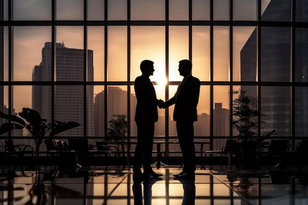 silhouette businessman shake hand with partner in office